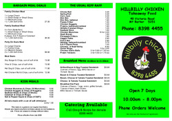 Scanned takeaway menu for Hillbilly Chicken