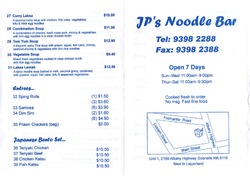 Scanned takeaway menu for JP’s Noodle Bar