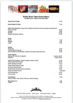 Scanned takeaway menu for Kailis Bros Leederville