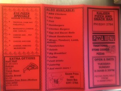 Scanned takeaway menu for Kaleen Pizza & Snack Bar