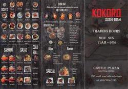Scanned takeaway menu for Kokoro Sushi Train Castle Plaza