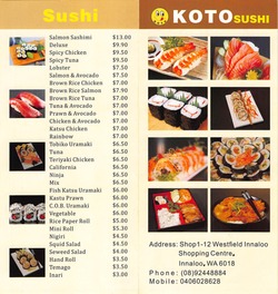 Scanned takeaway menu for Koto Sushi