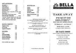 Scanned takeaway menu for La Bella Woodfired Pizzeria and Ristorante