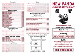 Scanned takeaway menu for New Panda Chinese Restaurant
