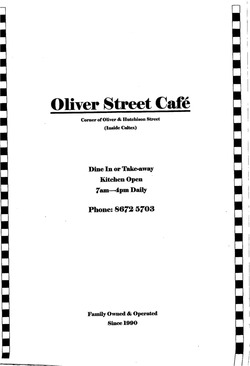 Scanned takeaway menu for Oliver Street Cafe – Caltex Outback