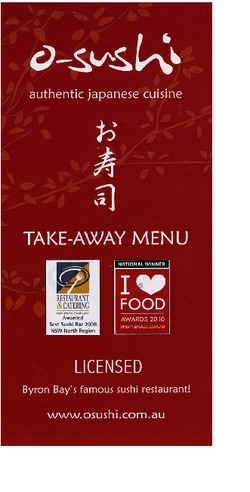 Scanned takeaway menu for o-sushi Japanese Restaurant