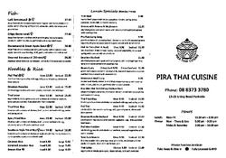 Scanned takeaway menu for Pira Thai Cuisine