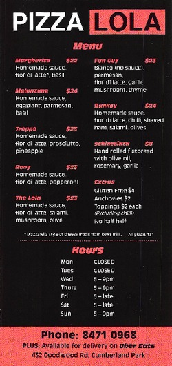 Scanned takeaway menu for Pizzalola