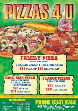 Scanned takeaway menu for Pizzas 4 U