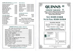 Scanned takeaway menu for Quinns Chinese Takeaway