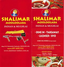 Scanned takeaway menu for Shalimar Mooloolaba Indian and Mughlai Restaurant
