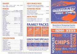Scanned takeaway menu for Spaceland Fish Chips & Seafood
