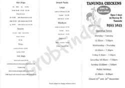 Scanned takeaway menu for Tanunda Chickens