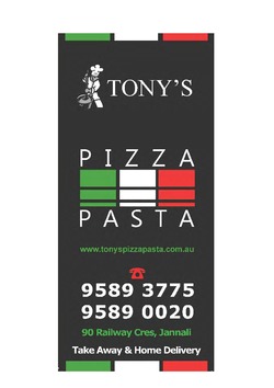 Scanned takeaway menu for Tony’s Pizza Pasta