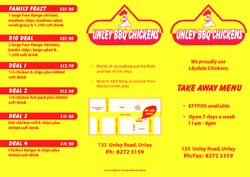 Scanned takeaway menu for Unley BBQ Chickens