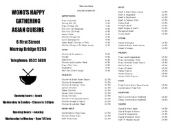 Scanned takeaway menu for Wong’s Happy Gathering Restaurant