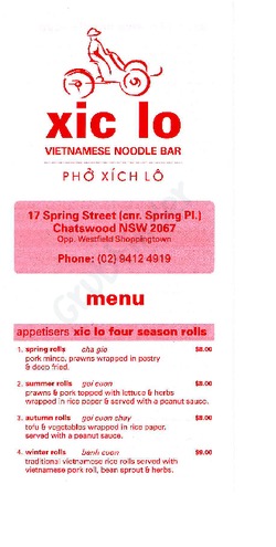 Scanned takeaway menu for xic lo Vietnamese Noodle Bar