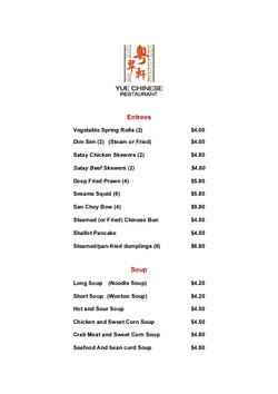 Scanned takeaway menu for Yue Chinese Restaurant